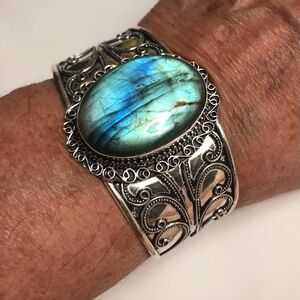 Labradorite Stamped 925 Sterling Silver Cuff Bracelet